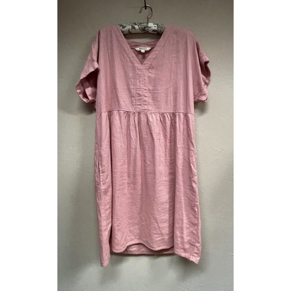 Briggs Womens Dress V-Neck Short Sleeve Medium Pink Pockets Linen Rayon Blend